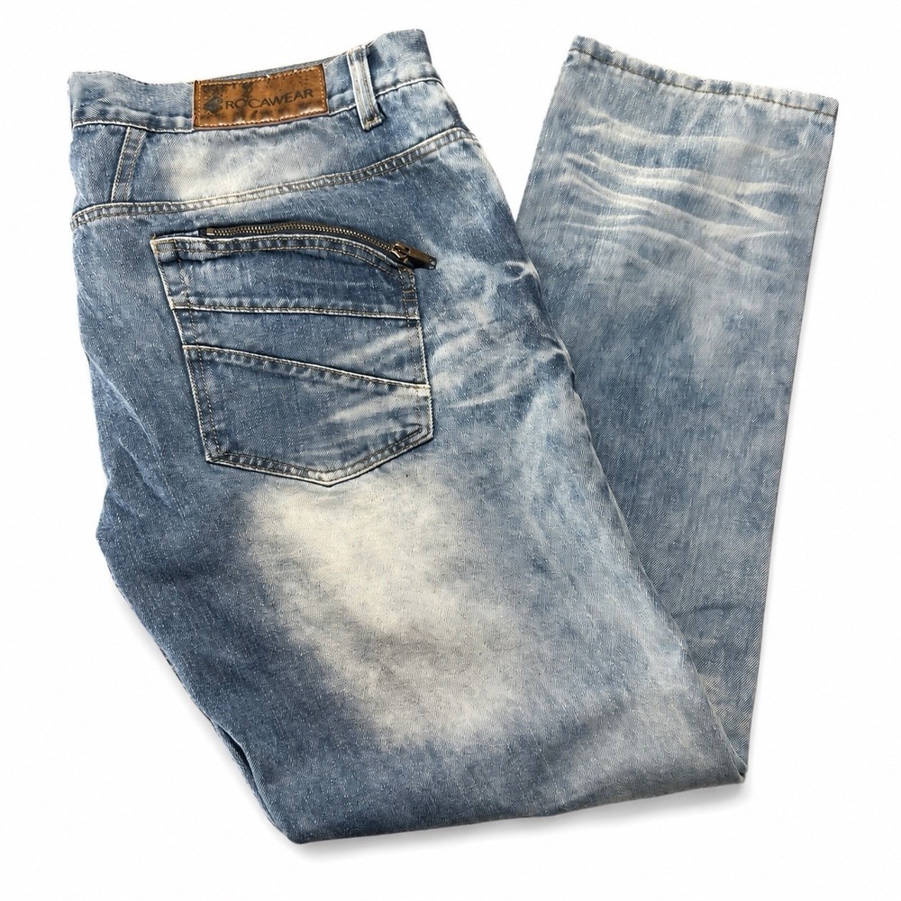 Rocawear Slim Fit Jeans Men's Size 40 Blue Heavy Wash Whiskered Zipper Pockets